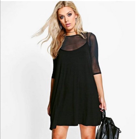 Boohoo Dresses & Skirts - Boohoo Black Plus 2 in 1 Mesh Top with Cami Dress